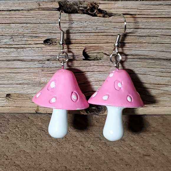 FlorasFantasies Jewelry - Mushroom Earrings - Pink & White Acrylic - New